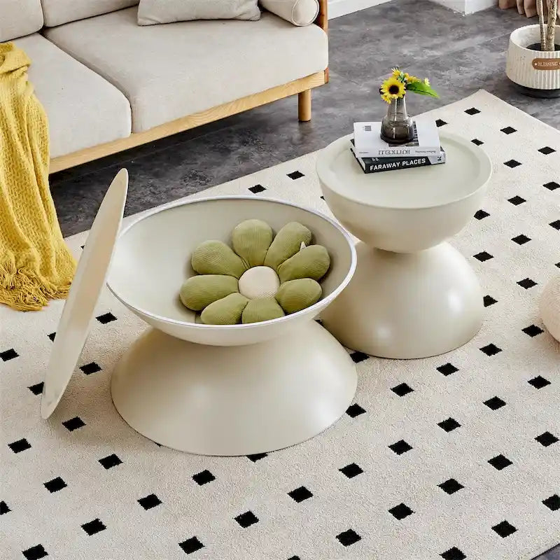 Juego de 2 mesas de centro redondas con aspecto de mármol, negro mate/blanco leche, estructura metálica