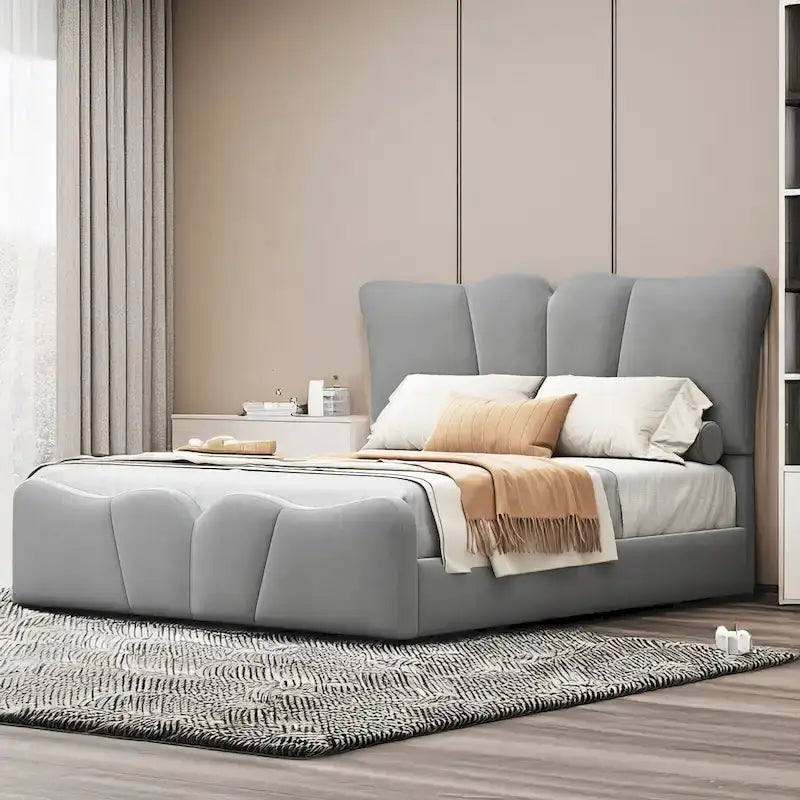 Cama Plataforma Tapizada en Terciopelo Gris, Tamaño Matrimonial, para 1