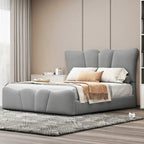 Cama Plataforma Tapizada en Terciopelo Gris, Tamaño Matrimonial, para 1