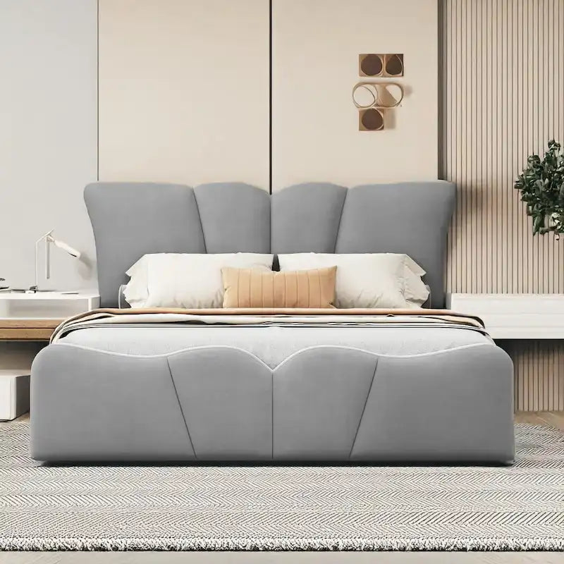 Cama Plataforma Tapizada en Terciopelo Gris, Tamaño Matrimonial, para 1