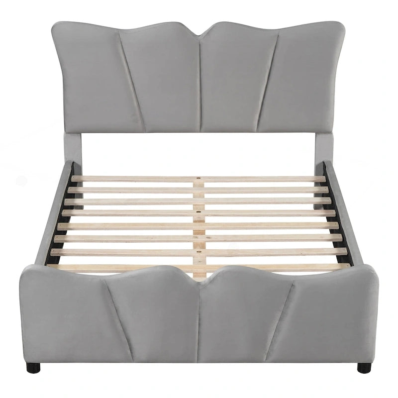 Cama Plataforma Tapizada en Terciopelo Gris, Tamaño Matrimonial, para 1