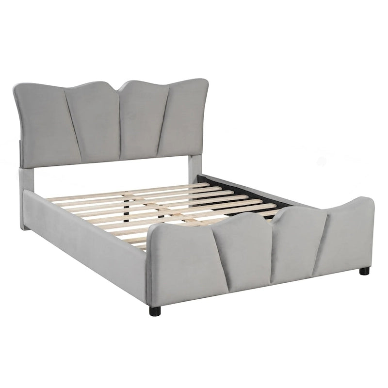 Cama Plataforma Tapizada en Terciopelo Gris, Tamaño Matrimonial, para 1