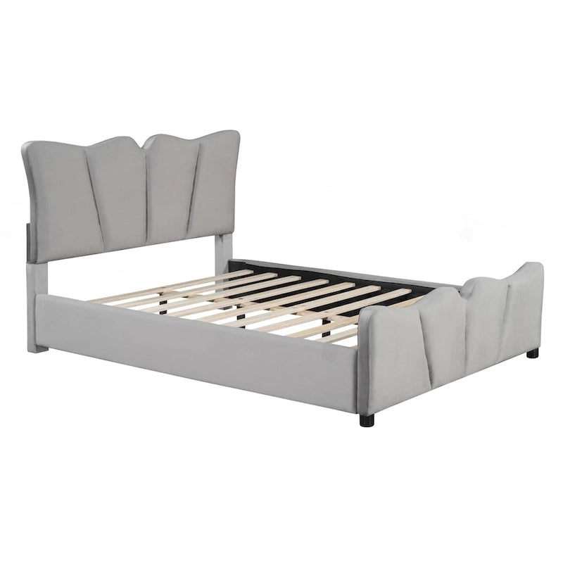 Cama Plataforma Tapizada en Terciopelo Gris, Tamaño Matrimonial, para 1