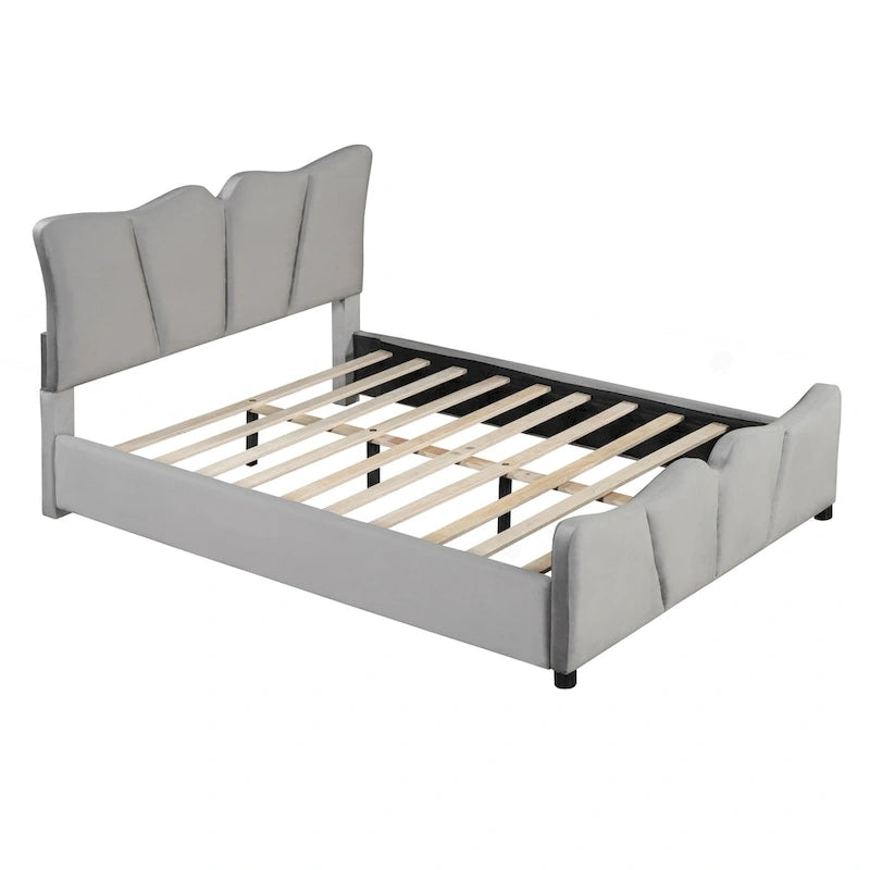 Cama Plataforma Tapizada en Terciopelo Gris, Tamaño Matrimonial, para 1