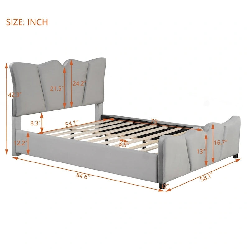 Cama Plataforma Tapizada en Terciopelo Gris, Tamaño Matrimonial, para 1