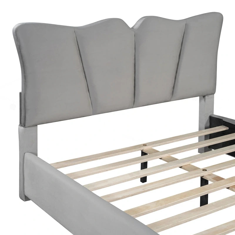 Cama Plataforma Tapizada en Terciopelo Gris, Tamaño Matrimonial, para 1