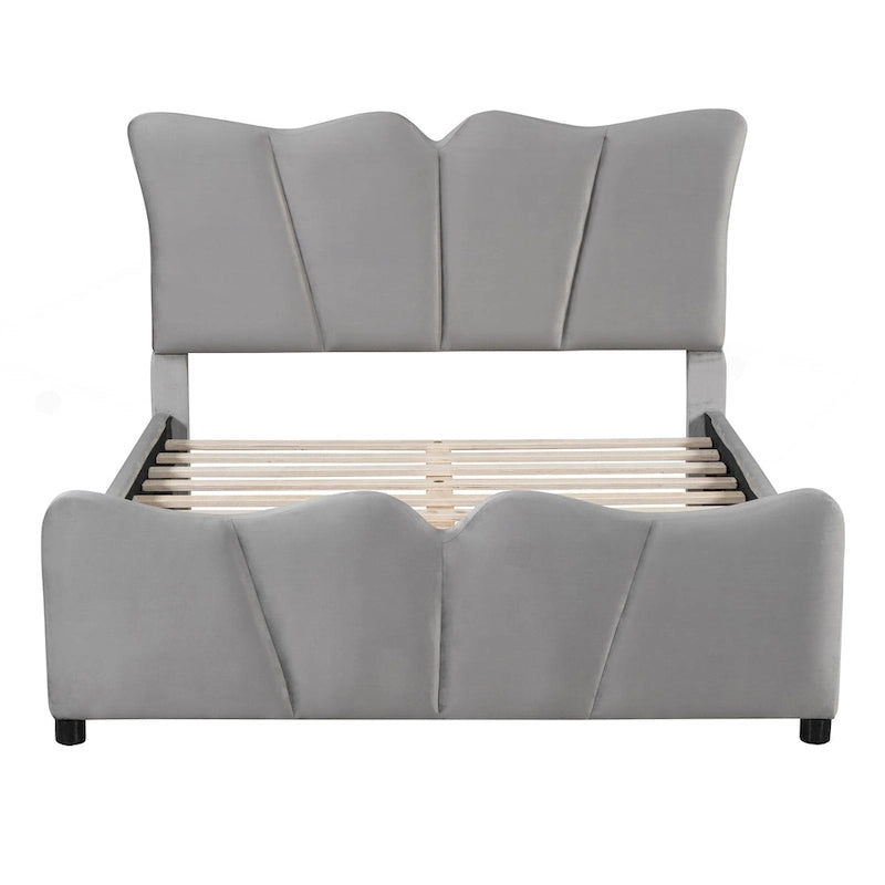 Cama Plataforma Tapizada en Terciopelo Gris, Tamaño Matrimonial, para 1