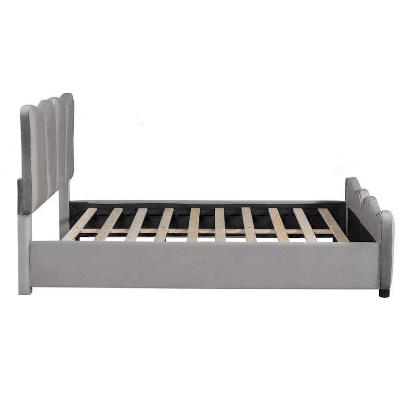 Cama Plataforma Tapizada en Terciopelo Gris, Tamaño Matrimonial, para 1