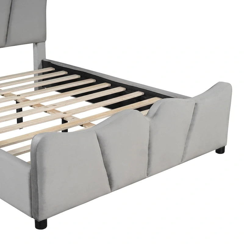 Cama Plataforma Tapizada en Terciopelo Gris, Tamaño Matrimonial, para 1