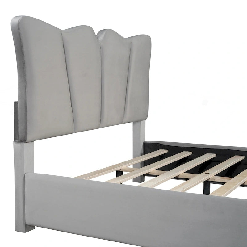 Cama Plataforma Tapizada en Terciopelo Gris, Tamaño Matrimonial, para 1