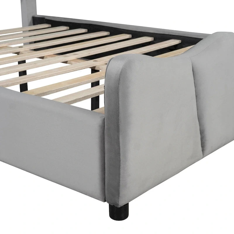 Cama Plataforma Tapizada en Terciopelo Gris, Tamaño Matrimonial, para 1