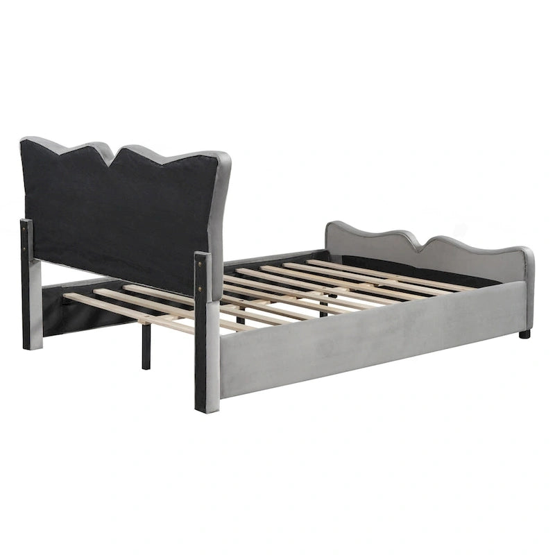Cama Plataforma Tapizada en Terciopelo Gris, Tamaño Matrimonial, para 1