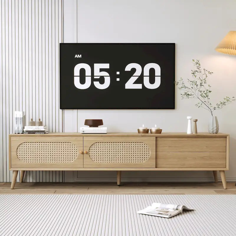 Mueble de TV de ratán natural para televisores de hasta 80", estilo rústico, montaje por 1 persona