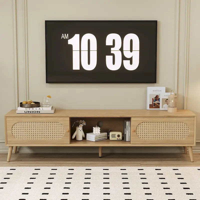 Mueble de TV de ratán natural para televisores de hasta 80", estilo rústico, montaje por 1 persona