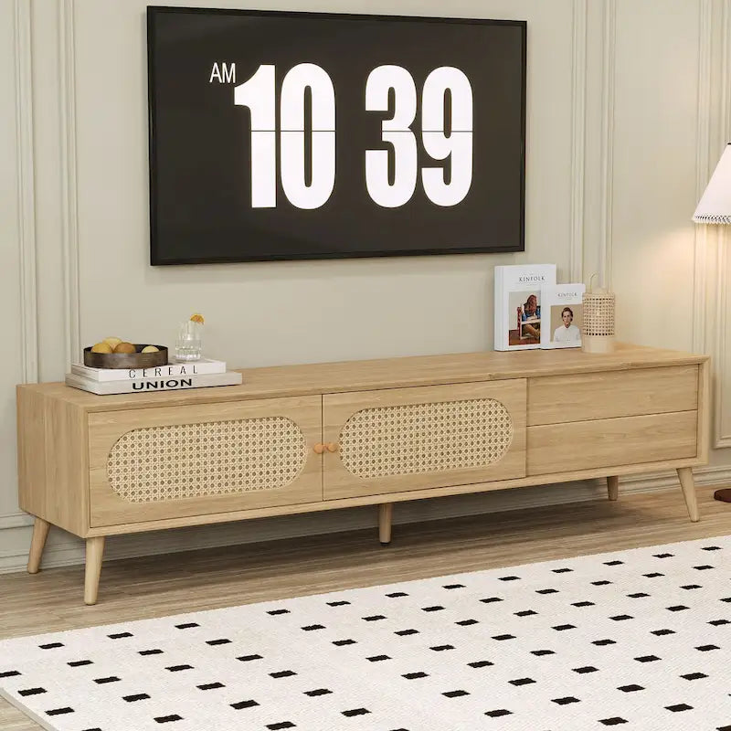 Mueble de TV de ratán natural para televisores de hasta 80", estilo rústico, montaje por 1 persona