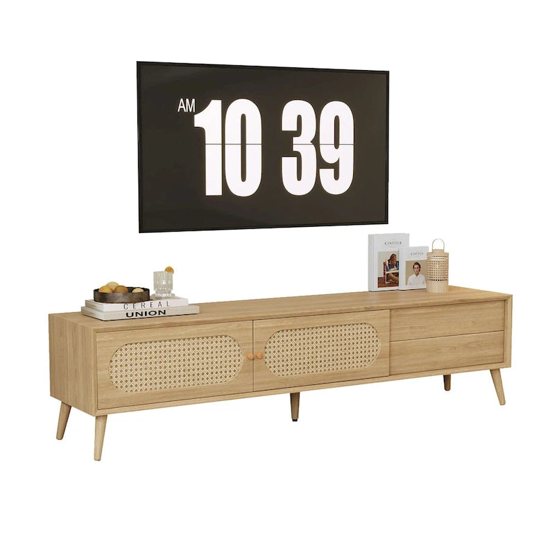Mueble de TV de ratán natural para televisores de hasta 80", estilo rústico, montaje por 1 persona