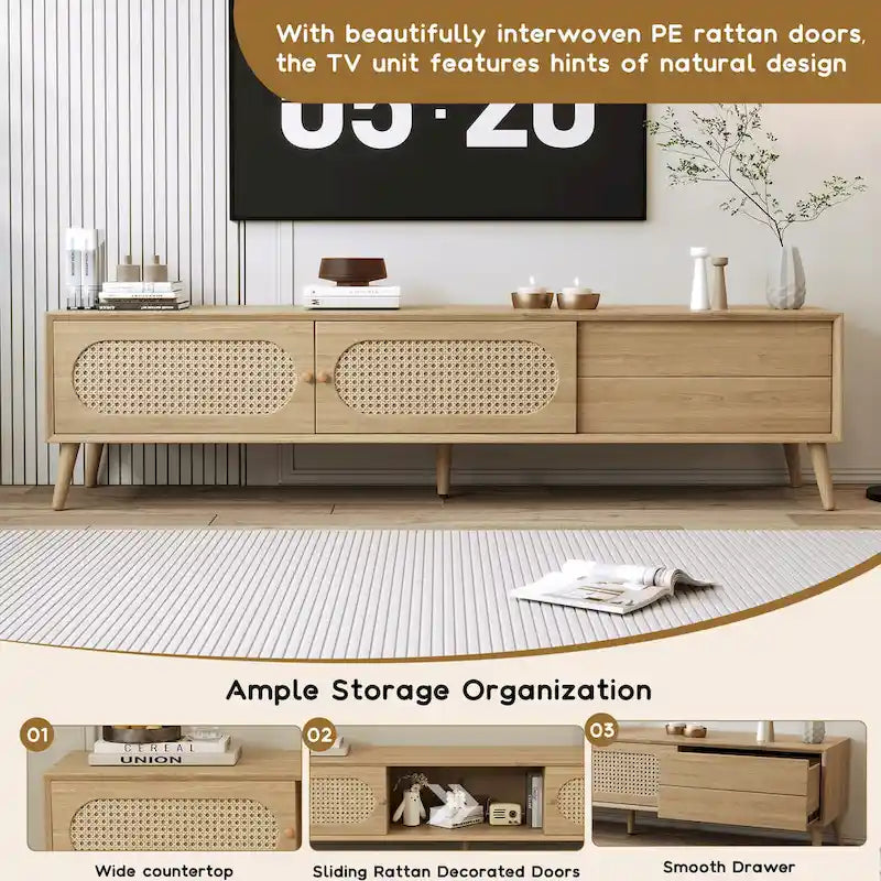 Mueble de TV de ratán natural para televisores de hasta 80", estilo rústico, montaje por 1 persona