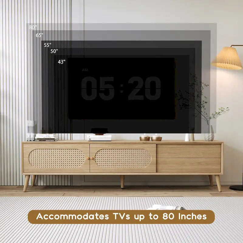 Mueble de TV de ratán natural para televisores de hasta 80", estilo rústico, montaje por 1 persona