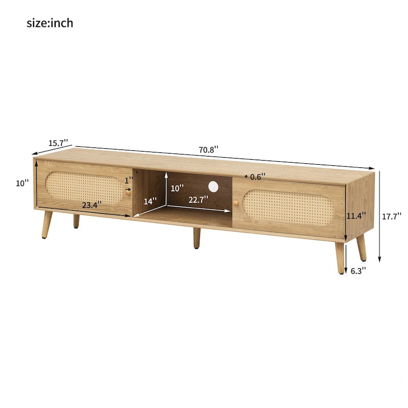 Mueble de TV de ratán natural para televisores de hasta 80", estilo rústico, montaje por 1 persona