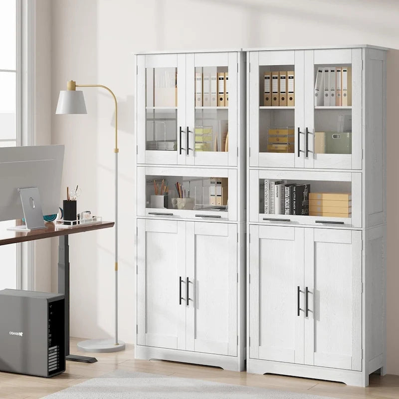 Armario alto de almacenaje gris / marrón / blanco con puertas de cristal