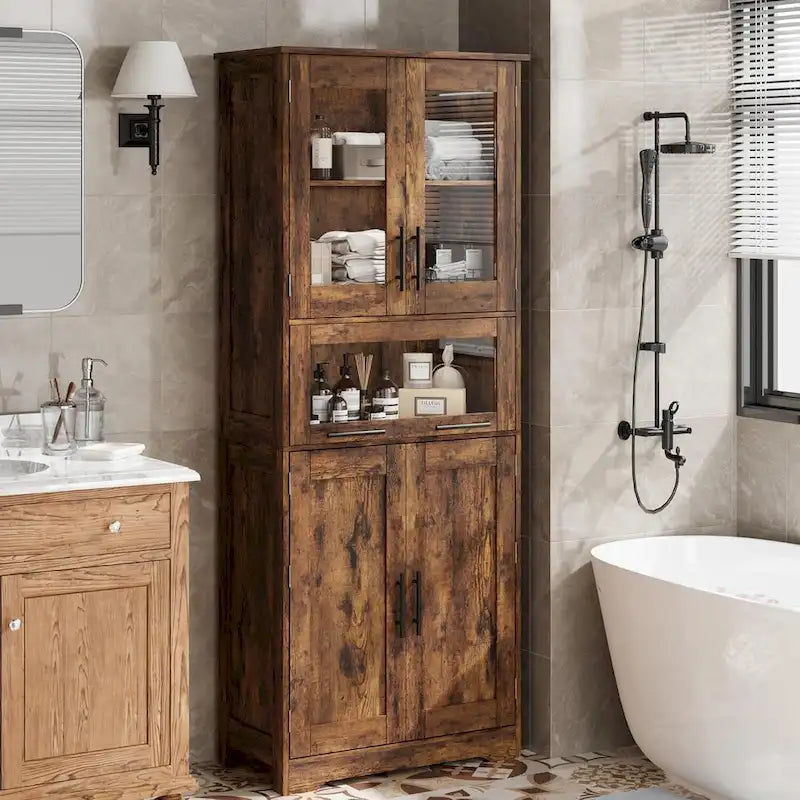 Armario alto de almacenaje gris / marrón / blanco con puertas de cristal