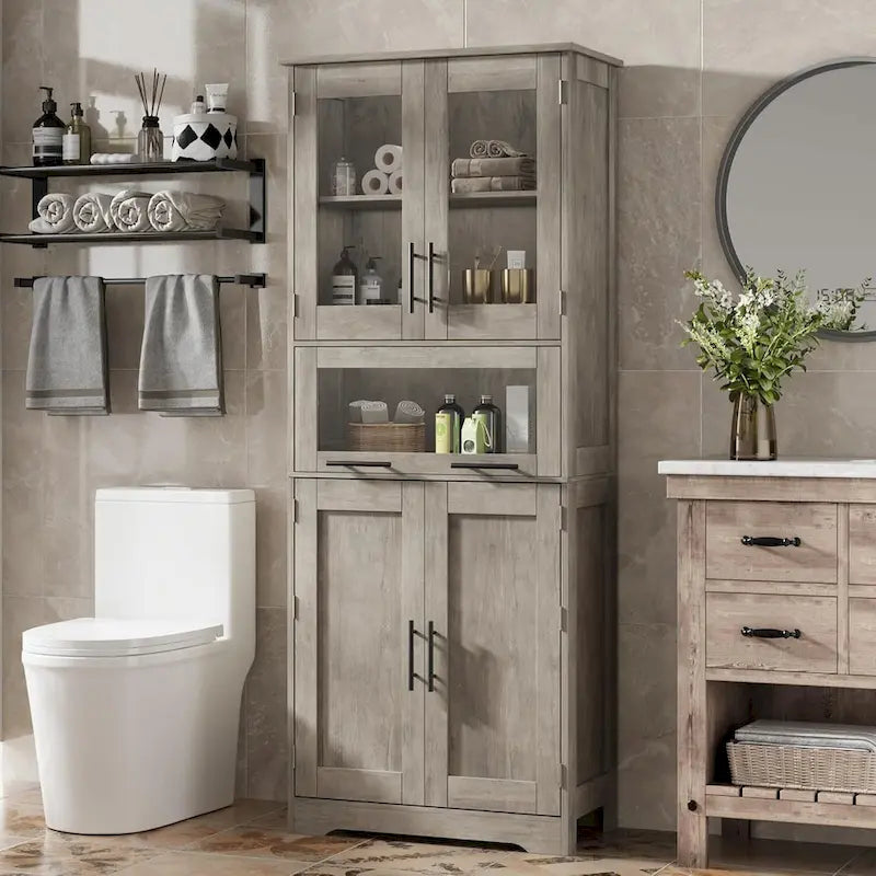 Armario alto de almacenaje gris / marrón / blanco con puertas de cristal
