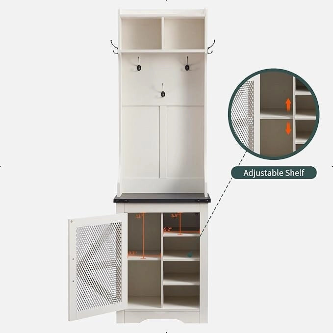 Banco recibidor de casa de campo negro/marrón/blanco con perchero y zapatero, 1 persona
