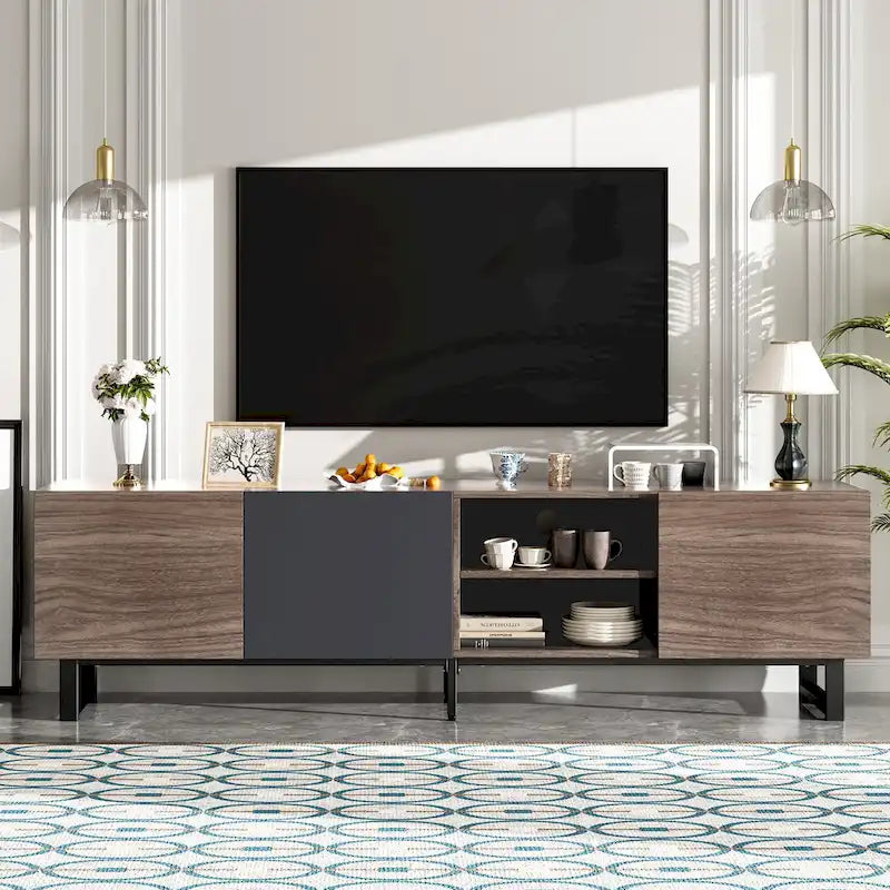Mueble de TV Marrón Oscuro con 2 Armarios y 4 Estantes Abiertos, Apto para Televisores de hasta 80"