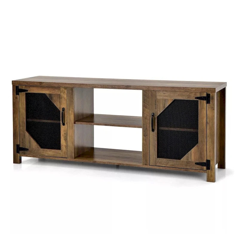 Mueble para TV de 58" en Marrón Rústico con Puertas de Malla de Acero, para TV de hasta 65"