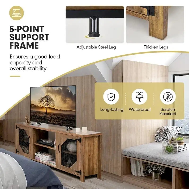 Mueble para TV de 58" en Marrón Rústico con Puertas de Malla de Acero, para TV de hasta 65"