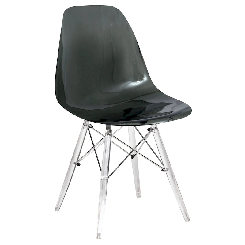 Silla de comedor auxiliar con carcasa de acrílico transparente/cristalino y patas metálicas tipo Eiffel, individual