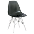 Silla de comedor auxiliar con carcasa de acrílico transparente/cristalino y patas metálicas tipo Eiffel, individual