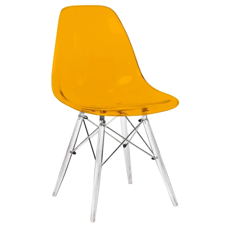Silla de comedor auxiliar con carcasa de acrílico transparente/cristalino y patas metálicas tipo Eiffel, individual