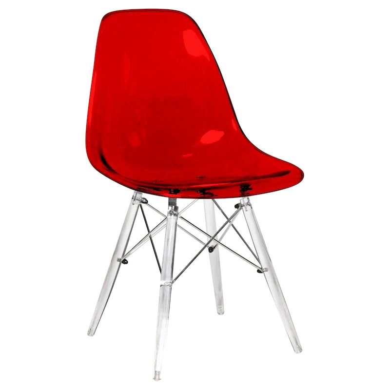 Silla de comedor auxiliar con carcasa de acrílico transparente/cristalino y patas metálicas tipo Eiffel, individual