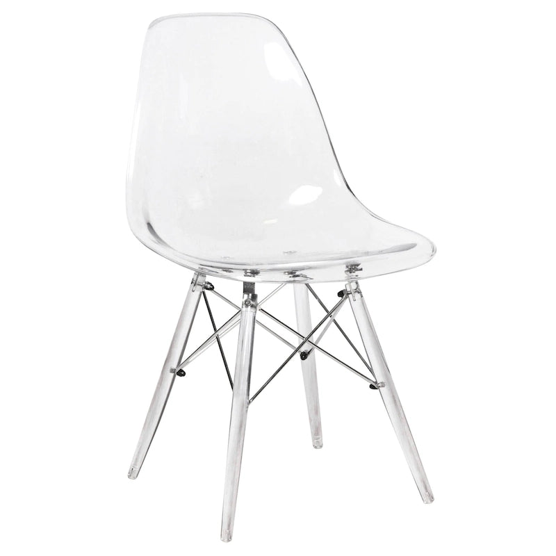 Silla de comedor auxiliar con carcasa de acrílico transparente/cristalino y patas metálicas tipo Eiffel, individual