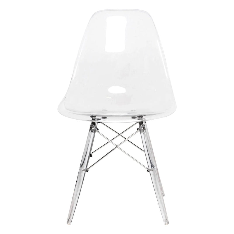 Silla de comedor auxiliar con carcasa de acrílico transparente/cristalino y patas metálicas tipo Eiffel, individual