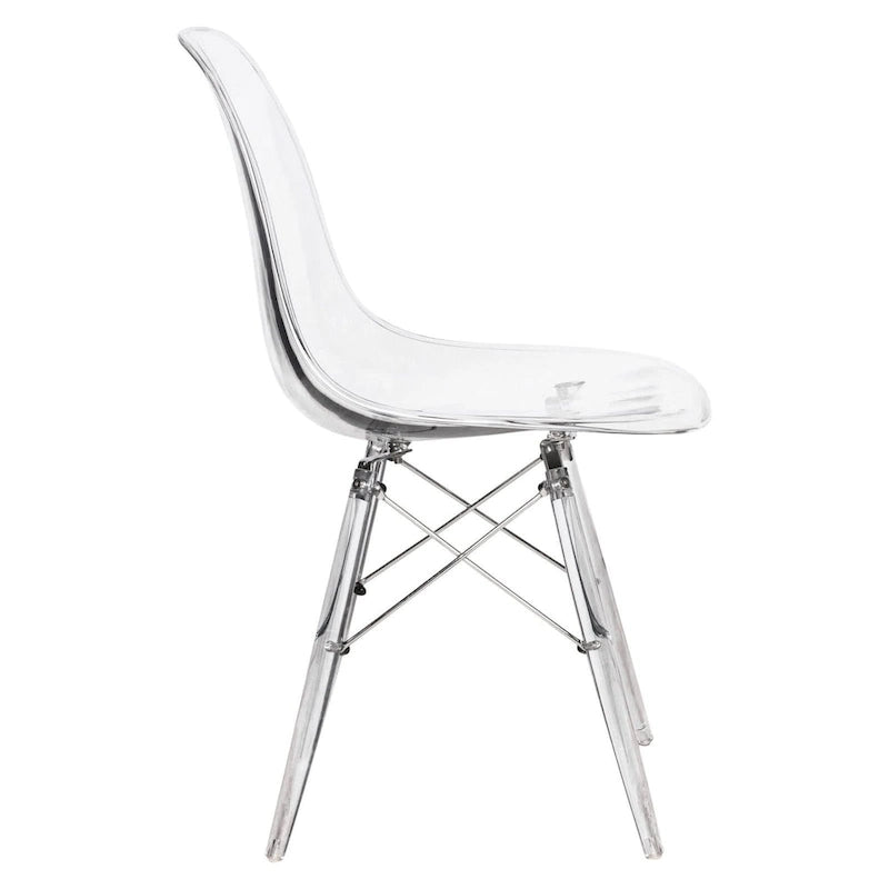 Silla de comedor auxiliar con carcasa de acrílico transparente/cristalino y patas metálicas tipo Eiffel, individual