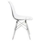 Silla de comedor auxiliar con carcasa de acrílico transparente/cristalino y patas metálicas tipo Eiffel, individual