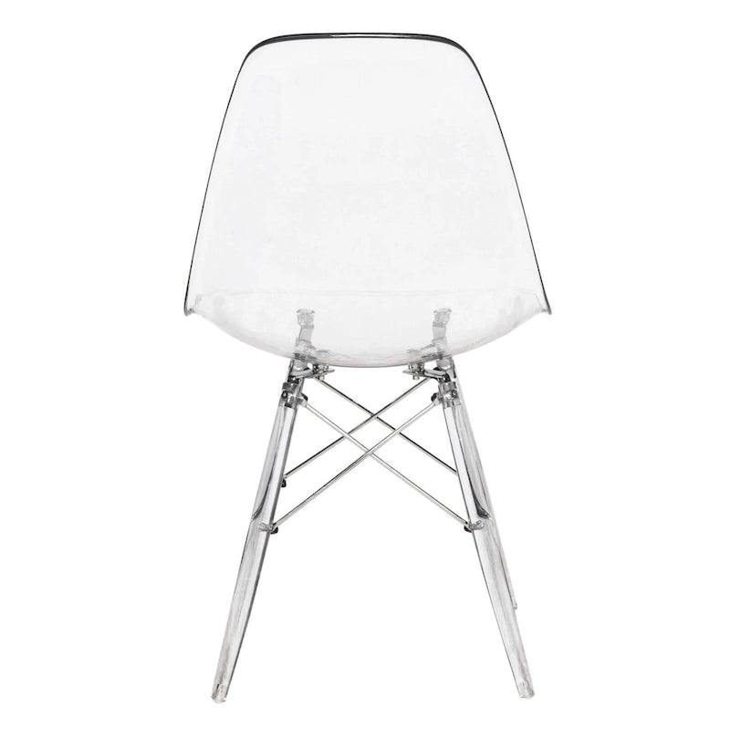 Silla de comedor auxiliar con carcasa de acrílico transparente/cristalino y patas metálicas tipo Eiffel, individual