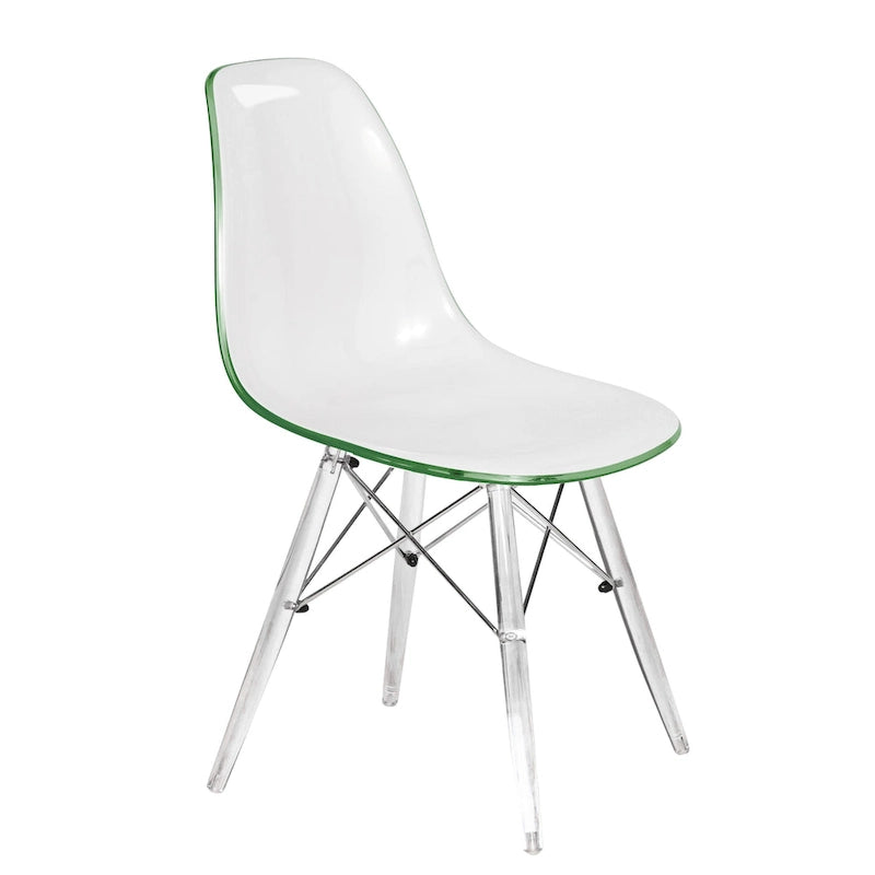 Silla de comedor auxiliar con carcasa de acrílico transparente/cristalino y patas metálicas tipo Eiffel, individual