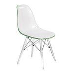 Silla de comedor auxiliar con carcasa de acrílico transparente/cristalino y patas metálicas tipo Eiffel, individual