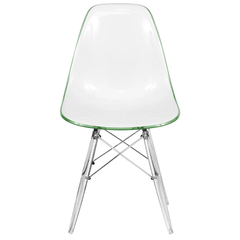 Silla de comedor auxiliar con carcasa de acrílico transparente/cristalino y patas metálicas tipo Eiffel, individual