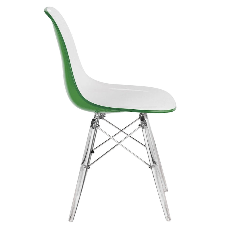 Silla de comedor auxiliar con carcasa de acrílico transparente/cristalino y patas metálicas tipo Eiffel, individual