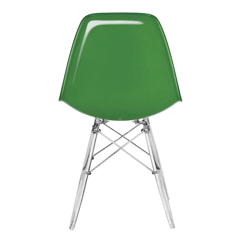 Silla de comedor auxiliar con carcasa de acrílico transparente/cristalino y patas metálicas tipo Eiffel, individual