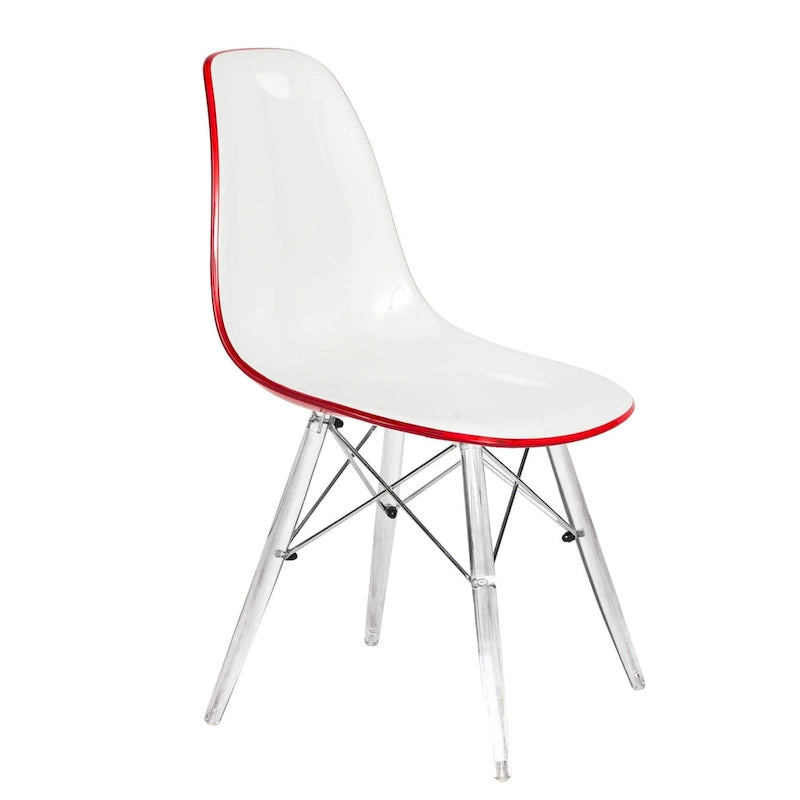 Silla de comedor auxiliar con carcasa de acrílico transparente/cristalino y patas metálicas tipo Eiffel, individual