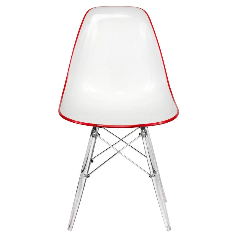 Silla de comedor auxiliar con carcasa de acrílico transparente/cristalino y patas metálicas tipo Eiffel, individual