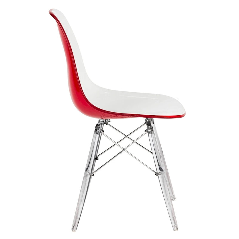 Silla de comedor auxiliar con carcasa de acrílico transparente/cristalino y patas metálicas tipo Eiffel, individual