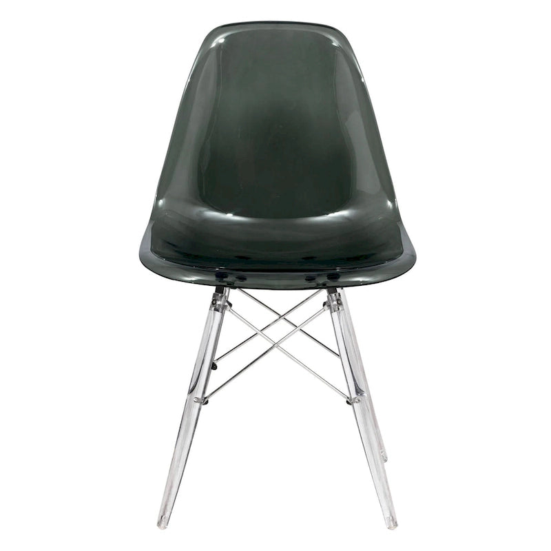 Silla de comedor auxiliar con carcasa de acrílico transparente/cristalino y patas metálicas tipo Eiffel, individual