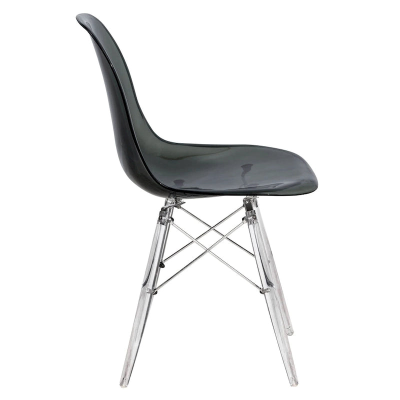 Silla de comedor auxiliar con carcasa de acrílico transparente/cristalino y patas metálicas tipo Eiffel, individual