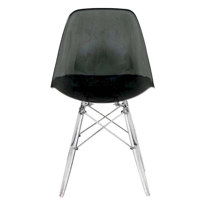 Silla de comedor auxiliar con carcasa de acrílico transparente/cristalino y patas metálicas tipo Eiffel, individual